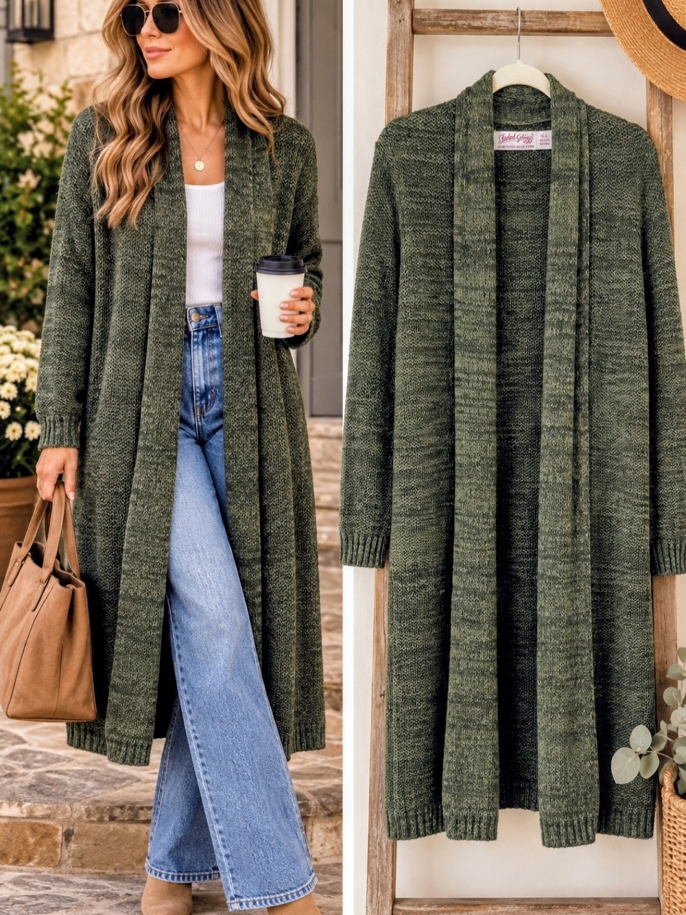 Olive Green Longline Knit Cardigan Duster Open Cozy Fall Sweater Cabincore Soft